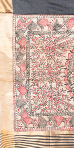 Black Madhubani Painted Bapta Tussar Silk Saree-Tussar Saree-parinitasarees