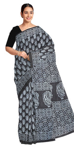 Black Mul Cotton Saree with Floral Block Prints-Mul Cotton-parinitasarees