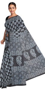 Black Mul Cotton Saree with Floral Block Prints-Mul Cotton-parinitasarees