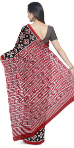 Black Mul Cotton Saree with Floral Block Prints-Mul Cotton-parinitasarees