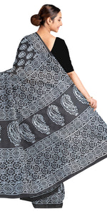 Black Mul Cotton Saree with Floral Block Prints-Mul Cotton-parinitasarees