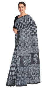 Black Mul Cotton Saree with Floral Block Prints-Mul Cotton-parinitasarees