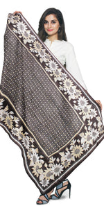 Black Pure Silk Kantha Dupatta with Floral Motifs-Dupattas-parinitasarees