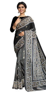 Black Pure Silk Kantha Saree with Kutch Design-Kantha saree-parinitasarees