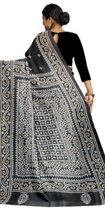 Black Pure Silk Kantha Saree with Kutch Design-Kantha saree-parinitasarees