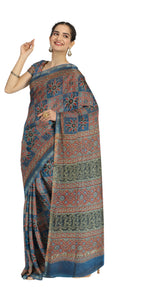 Blue Chanderi Saree with Ajrakh Block Prints-Chanderi Sarees-parinitasarees