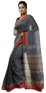 Blue Chanderi Saree with Ajrakh Block Prints-Chanderi Sarees-parinitasarees
