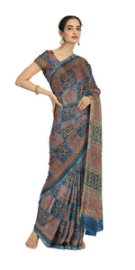 Blue Chanderi Saree with Ajrakh Block Prints-Chanderi Sarees-parinitasarees