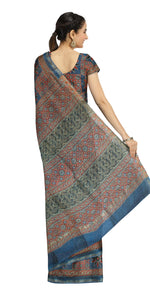 Blue Chanderi Saree with Ajrakh Block Prints-Chanderi Sarees-parinitasarees