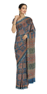 Blue Chanderi Saree with Ajrakh Block Prints-Chanderi Sarees-parinitasarees