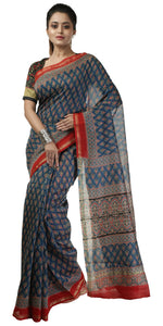 Blue Chanderi Saree with Ajrakh Block Prints-Chanderi Sarees-parinitasarees
