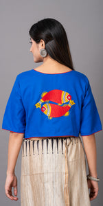 Blue Cotton Blouse with Fish Motifs-parinitasarees