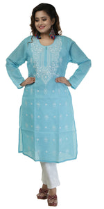 Blue Cotton Chikankari Kurti with Floral Motifs-Women's Chikankari Kurti-parinitasarees