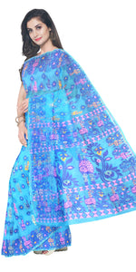 Blue Cotton Jamdani with Horse Motifs-Jamdani saree-parinitasarees