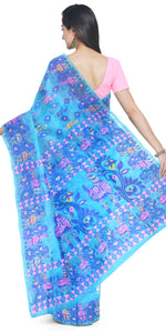 Blue Cotton Jamdani with Horse Motifs-Jamdani saree-parinitasarees