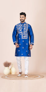 Blue Dupion Silk Panjabi with Kantha Embroidery-Men's Kurtas-parinitasarees