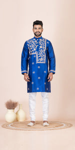 Blue Dupion Silk Panjabi with Kantha Embroidery-Men's Kurtas-parinitasarees