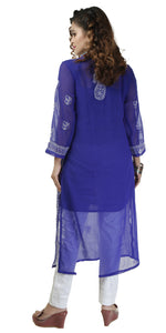 Blue Georgette Chikankari Kurti with Floral Motifs-Women's Chikankari Kurti-parinitasarees