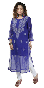 Blue Georgette Chikankari Kurti with Floral Motifs-Women's Chikankari Kurti-parinitasarees