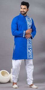 Blue Hand Painted Men's Cotton Kurta-Men's Kurtas-parinitasarees