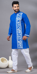 Blue Hand Painted Men's Cotton Kurta-Men's Kurtas-parinitasarees