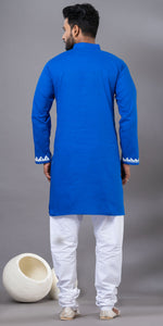 Blue Hand Painted Men's Cotton Kurta-Men's Kurtas-parinitasarees