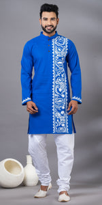 Blue Hand Painted Men's Cotton Kurta-Men's Kurtas-parinitasarees