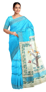 Blue Madhubani Painted Bapta Tussar Silk Saree-Tussar Saree-parinitasarees