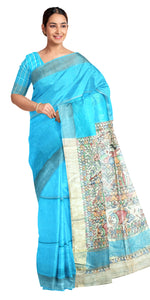 Blue Madhubani Painted Bapta Tussar Silk Saree-Tussar Saree-parinitasarees