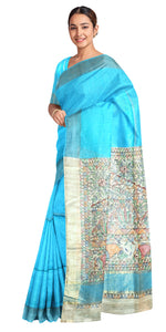 Blue Madhubani Painted Bapta Tussar Silk Saree-Tussar Saree-parinitasarees