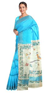 Blue Madhubani Painted Bapta Tussar Silk Saree-Tussar Saree-parinitasarees