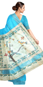 Blue Madhubani Painted Bapta Tussar Silk Saree-Tussar Saree-parinitasarees