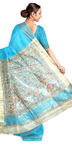 Blue Madhubani Painted Bapta Tussar Silk Saree-Tussar Saree-parinitasarees
