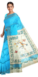 Blue Madhubani Painted Bapta Tussar Silk Saree-Tussar Saree-parinitasarees