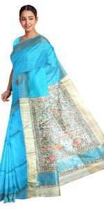 Blue Madhubani Painted Bapta Tussar Silk Saree-Tussar Saree-parinitasarees