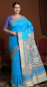 Blue Madhubani Painted Bapta Tussar Silk Saree-Tussar Saree-parinitasarees