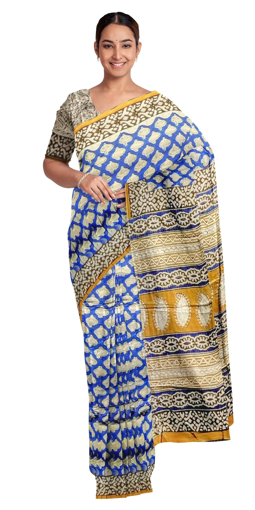 Blue and Green Checks Mul Mul Cotton Saree