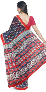 Blue Mul Cotton Saree with Floral Block Prints-Mul Cotton-parinitasarees