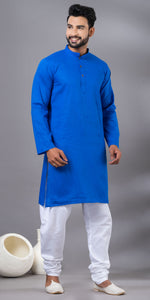 Blue Plain Cotton Men's Kurta-Men's Kurtas-parinitasarees