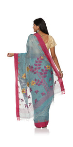Blue Pure Linen Jamdani Saree-Linen Saree-parinitasarees