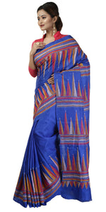 Blue Pure Silk Kantha Saree with Geometric Motifs-Kantha saree-parinitasarees