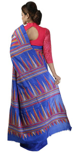 Blue Pure Silk Kantha Saree with Geometric Motifs-Kantha saree-parinitasarees