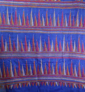 Blue Pure Silk Kantha Saree with Geometric Motifs-Kantha saree-parinitasarees