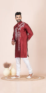 Brown Dupion Silk Panjabi with Kantha Embroidery-Men's Kurtas-parinitasarees