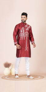 Brown Dupion Silk Panjabi with Kantha Embroidery-Men's Kurtas-parinitasarees