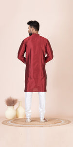 Brown Dupion Silk Panjabi with Kantha Embroidery-Men's Kurtas-parinitasarees