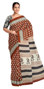 Brown Mul Cotton Saree with Floral Block Prints-Mul Cotton-parinitasarees