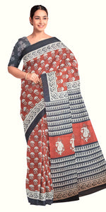 Brown Mul Cotton Saree with Floral Block Prints-Mul Cotton-parinitasarees
