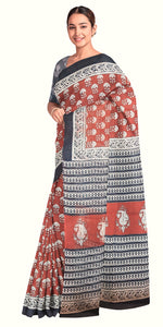 Brown Mul Cotton Saree with Floral Block Prints-Mul Cotton-parinitasarees