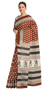 Brown Mul Cotton Saree with Floral Block Prints-Mul Cotton-parinitasarees